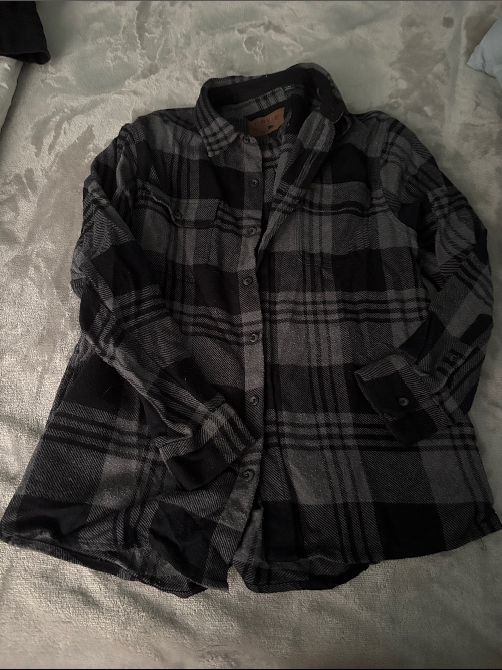 Orvis Black and Gray Plaid Flannel Shirt with Leather Brand Patch